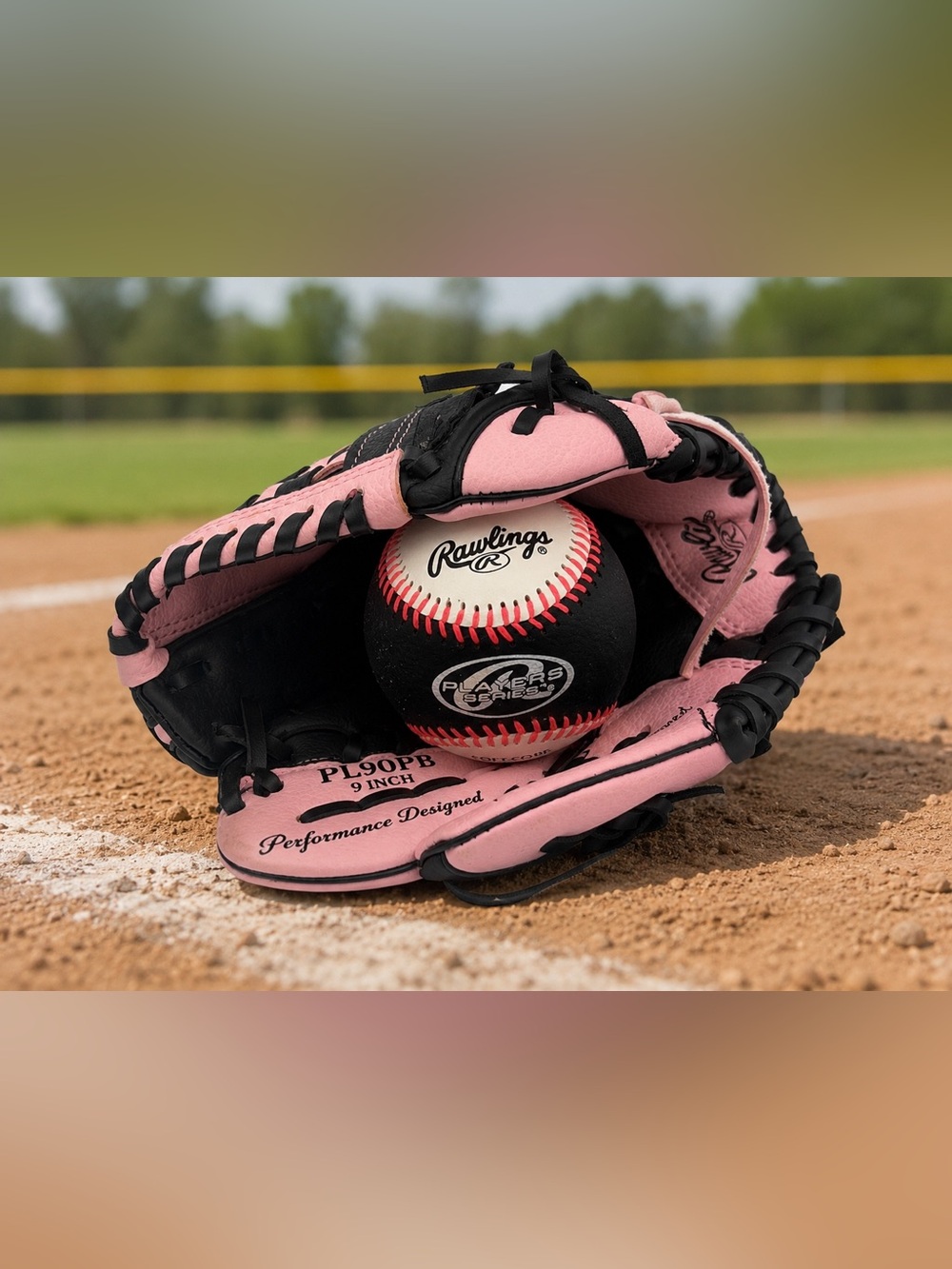 Rawlings PL90PB 9" Youth Baseball Glove Pink Black RH Throw + Training Ball